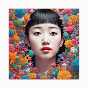 Asian Girl Surrounded By Flowers Canvas Print