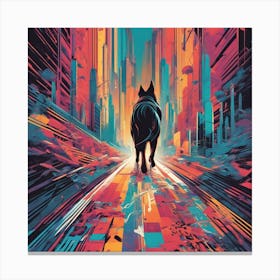 Dog Is Walking Down A Long Path, In The Style Of Bold And Colorful Graphic Design, David , Rainbowco (2) Canvas Print