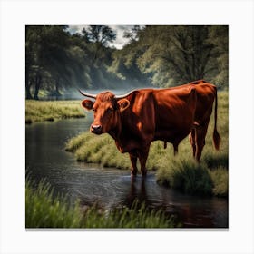 Red Longhorn at The Stream Canvas Print