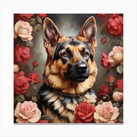 Roses And German Shepherd Canvas Print