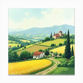 Scenic Italian Countryside In Watercolor, With Patchwork Fields And Quaint Farms 1 Canvas Print