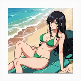 Anime Girl In Green Bikini Sitting On The Beach Canvas Print