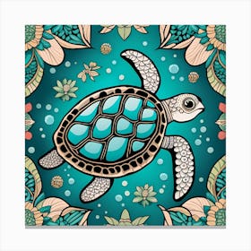 Sea Turtle On A Turquoise Background Canvas Print