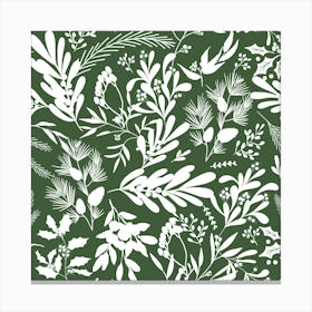 Christmas Botanical Leaves - Dark Green White Canvas Print