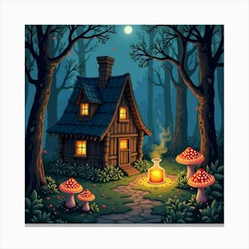 Witch Brewing Potions In A Forest Cabin Surrounded By Glowing Mushrooms 1 Canvas Print