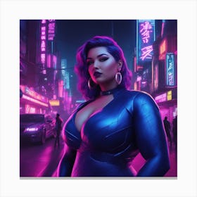 A Beautiful Voluptuous Woman in the Cyberpunk Neon City Canvas Print