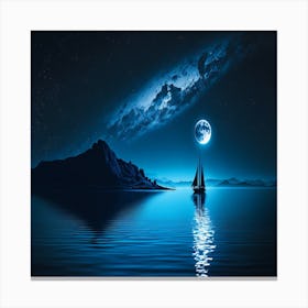 A painting of cows on a beach with a moon in the background, Moon And Sailboat Canvas Print