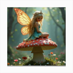 A Whimsical Fairy Queen With Iridescent Wings, Sitting On A Giant Mushroom 1 Canvas Print