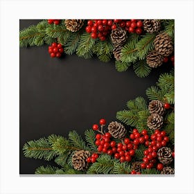 Christmas Tree With Berries On Black Background Canvas Print