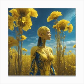 Yellow Flowers In Field With Blue Sky Sf Intricate Artwork Masterpiece Ominous Matte Painting Mo (1) Canvas Print