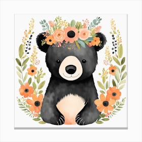 Floral Baby Black Bear Nursery Illustration (1) Canvas Print