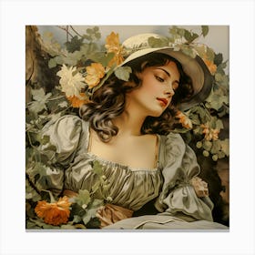 Romantic Portrait of a Woman in Floral Hat - Vintage Elegance Art Canvas Print