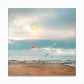 Colorful Seagulls In The Beach Square Canvas Print