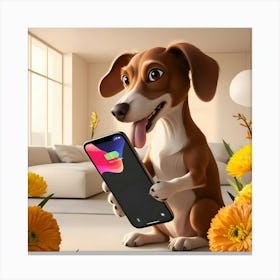 A Curious Brown Dog With Floppy Ears And A Wagging Tail, Its Tongue Lolling Out Of Its Mouth, Holds A Sleek Black Smartphone In Its Paw, Its Eyes Fixed Intently On The Screen EngEngages In An Animated Conversation, Surrounded By (2) Canvas Print