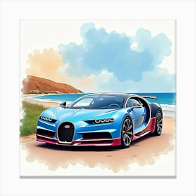 Bugatti Chiron On A Colorful Watercolor Coastal Backdrop 1 Canvas Print