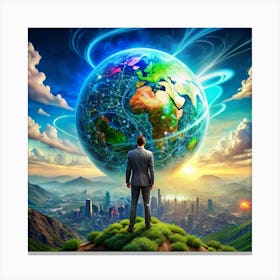 Man Standing Before A Networked Globe Canvas Print