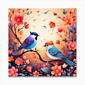 Birds In The Garden, A Bright-Toned Design With Flowers And Leaves Trees And Birds A Beautiful And Simple Picture 1 Canvas Print