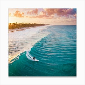 Aerial Photography Capturing A Surfer Amidst Azure Waves Tropical Beach In The Background Palm Tre (5) Canvas Print