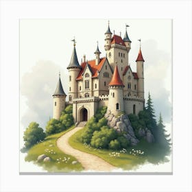 English Castle With Romanian Legends, Painted In Soft Watercolor Tones 1 Canvas Print