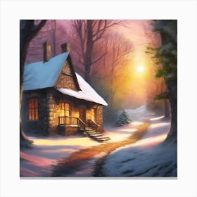 Snowy Woodland Cottage lit by the Setting Sun Canvas Print