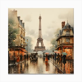 Parisian Street Stroll: Vintage Eiffel Tower Rainy Day Art Print - Paris Retro Scene Canvas Print