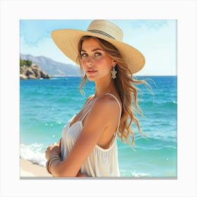 A Stunning Watercolor Painting Of A Greek Woman With A Serene Ocean View In The Background 1 Canvas Print