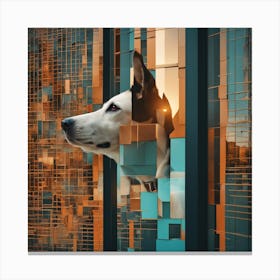 A Dog S Head Shows Through The Window Of A City, In The Style Of Multi Layered Geometry, Egyptian Ar Canvas Print