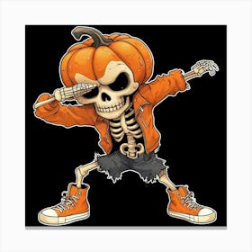 Cartoon Pumpkin Head Skeleton Dancing Playfully In Bright Colors Canvas Print