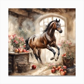 Highland Stable Horse Midst Blossoms and Apple Baskets Canvas Print