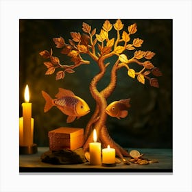 Gold Tree With Fishes And Candles Canvas Print