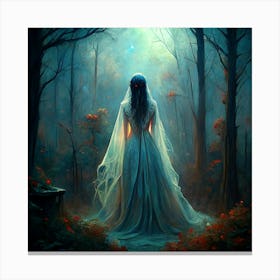 Woman In White Wedding Dress Walking In Dark Forest 1 Canvas Print