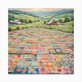 A Picturesque Countryside Scene With Patchwork Quilts Spread Out In A Field, Barns In The Background, And A Bright Sun In The Sky Canvas Print