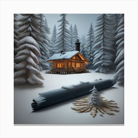 Small wooden hut inside a dense forest of pine trees with falling snow 8 Canvas Print