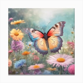 Butterfly In A Flower Field 1 Canvas Print