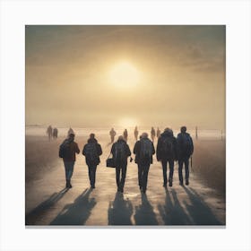 Group Of People Walking On The Beach Canvas Print