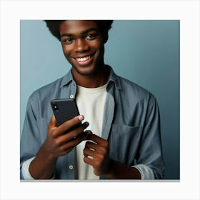 Portrait Of A Young Black Man Holding A Smartphone Canvas Print