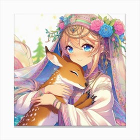 Gorgeous mountain girl hugs deer Canvas Print
