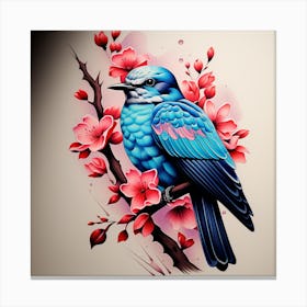 Blue Bird With Cherry Blossoms Canvas Print