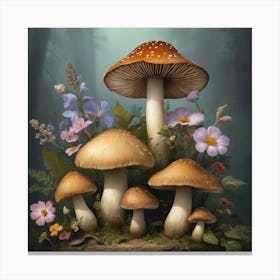 Mushrooms And Flowers Art Print Canvas Print