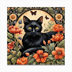 Black Cat Flowers William Morris Style (17) Canvas Print