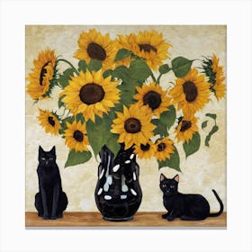 Black Cats And Sunflowers Canvas Print