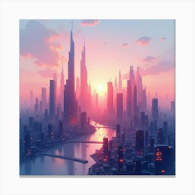 Futuristic City Skyline At Sunset, Watercolor Blend Of Pinks And Blues 1 Canvas Print