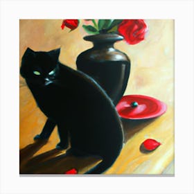 Black Cat With Roses Canvas Print