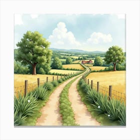 An English Rural Landscape With A Winding Country Lane, Watercolor Scene Canvas Print