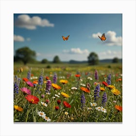 A Peaceful Meadow With Colorful Wildflowers And Butterflies Fluttering Around Canvas Print