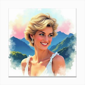 Smiling Princess Diana Framed By Watercolor Mountains In Vivid Hues Canvas Print