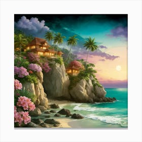 beautiful house in beach under moonlight Canvas Print