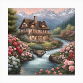 Cottage By The Stream Canvas Print