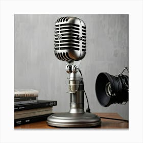 Vintage Microphone With A Sleek Metallic Finish Standing On An Antique Broadcast Stand Embodying Canvas Print