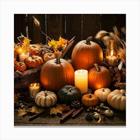 Autumn Harvest Table Laden With An Assortment Of Pumpkins Gourds And Dried Cornhusks Surrounded B (1) Canvas Print